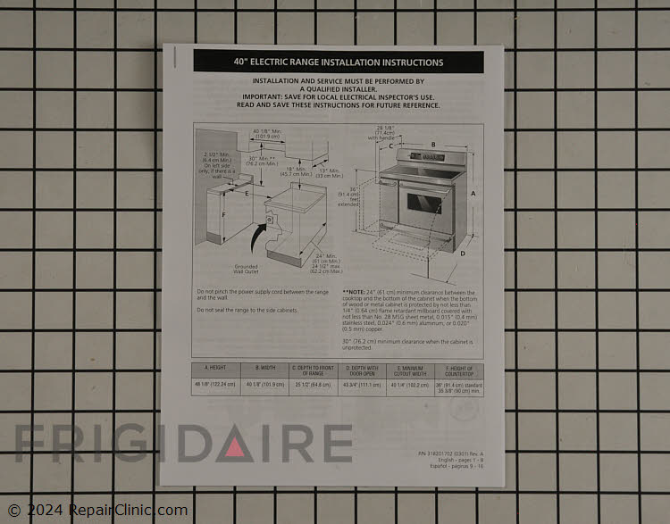 318201702 Kenmore Range/Stove/Oven Installation Instructions